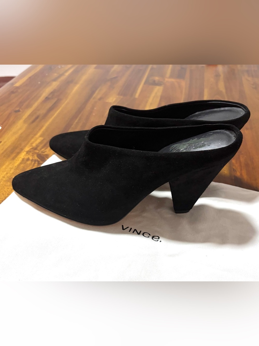 NWT. Vince Black Suede Pointed-Toe Mule Heels genuine leather & suede.